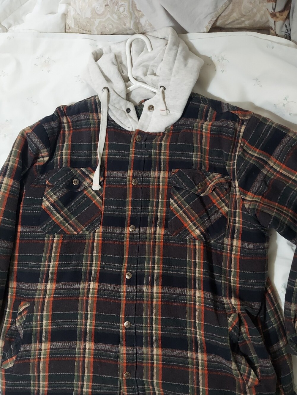 Legendary Whitetails Black Plaid Hooded Shirt Jacket with Orange Stripes